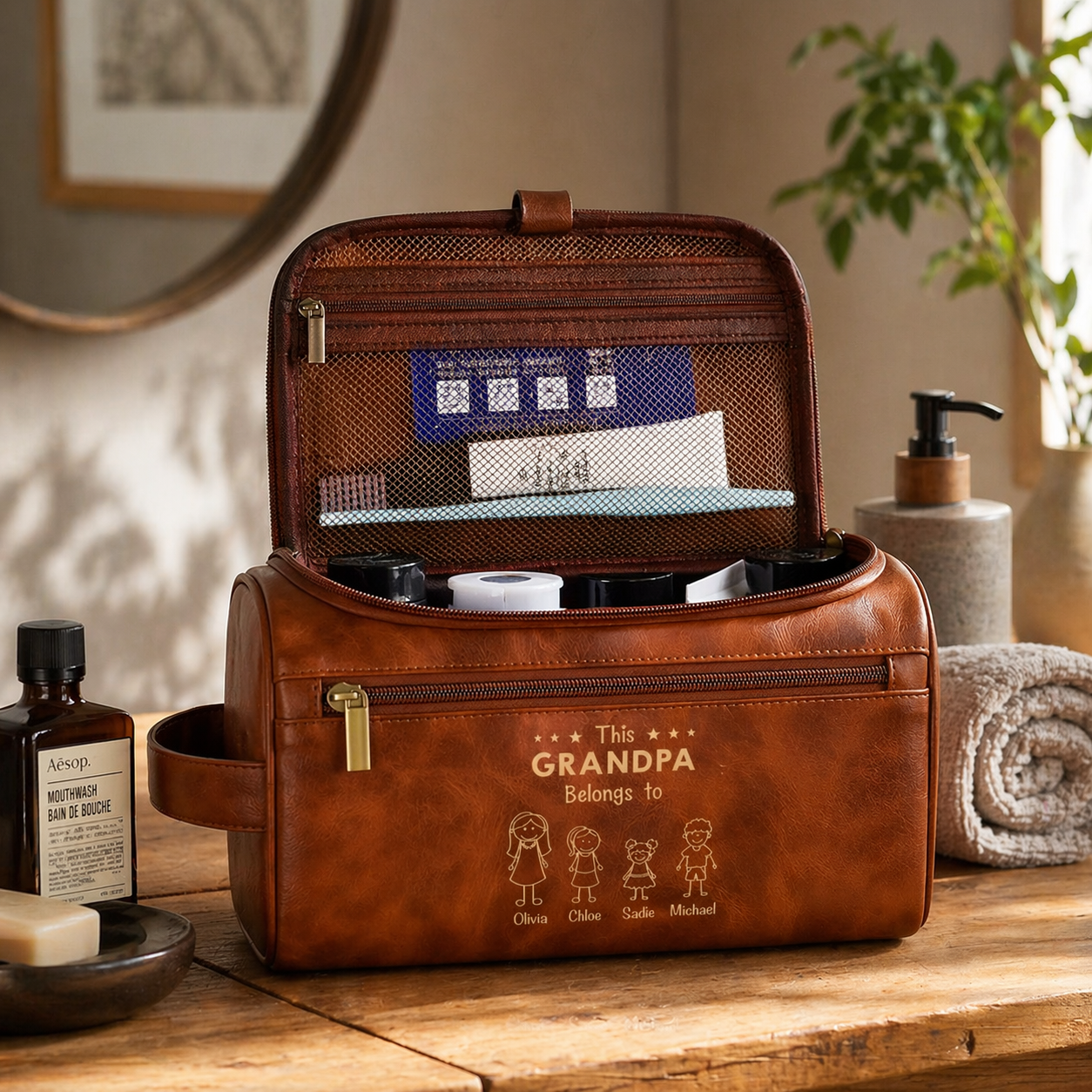 This Papa Belongs To - Personalized Leather Toiletry Bag - Gift For Father, Grandpa, Father's Day Gift