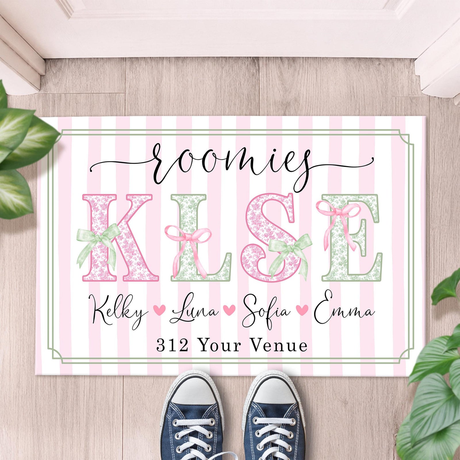 Personalized Coquette Dorm Doormat: Girly Dorm Decor, Custom Name and Number Dorm Door, College Girls Dorm Gifts