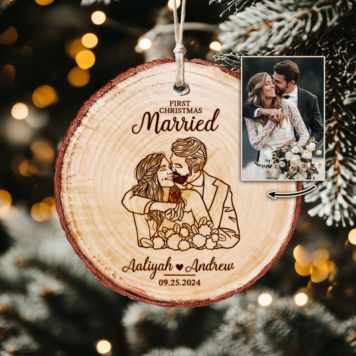 Custom Line Drawing Wedding Ornament, First Christmas Married Wooden Slice Ornament, Wedding Rustic Ornament Gifts for Couples