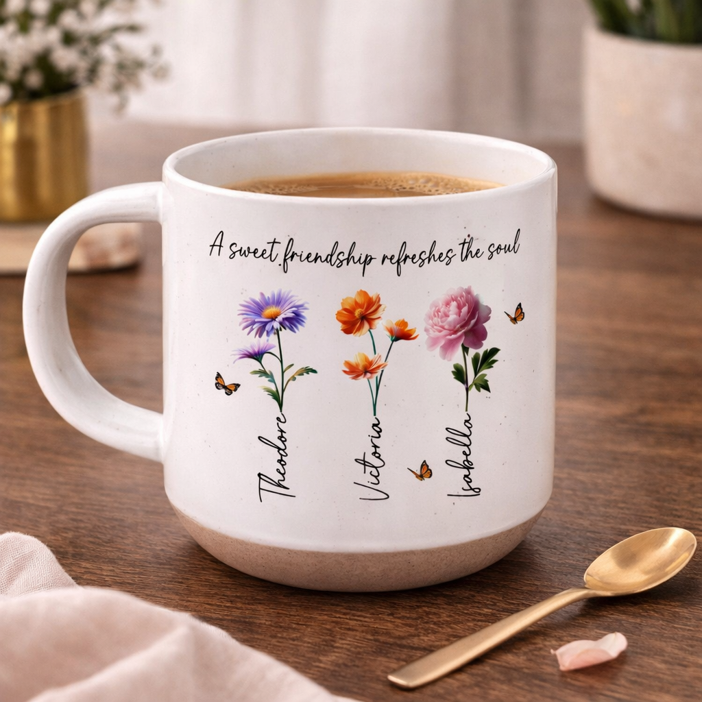 A Sweet Friendship Refreshes The Soul Besties Birth Flower - Personalized Pottery Mug - Friendship Gift For Best Friends