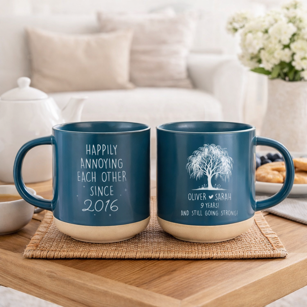 9th Anniversary Willow Pottery Mug, Anniversary Mug, Willow Tree 9 Year Anniversary Personalized Mug, 9th Anniversary Gift For Her