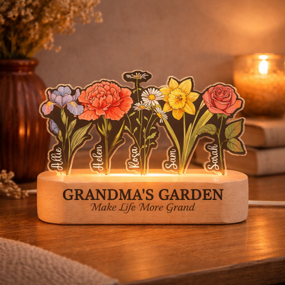 Grandma's Garden Night Light, Birth Month Flowers Night Light Gift For Nana, Mother's Day Gift, Gift for Grandma, Gift for Mom, LED Light Wooden Base