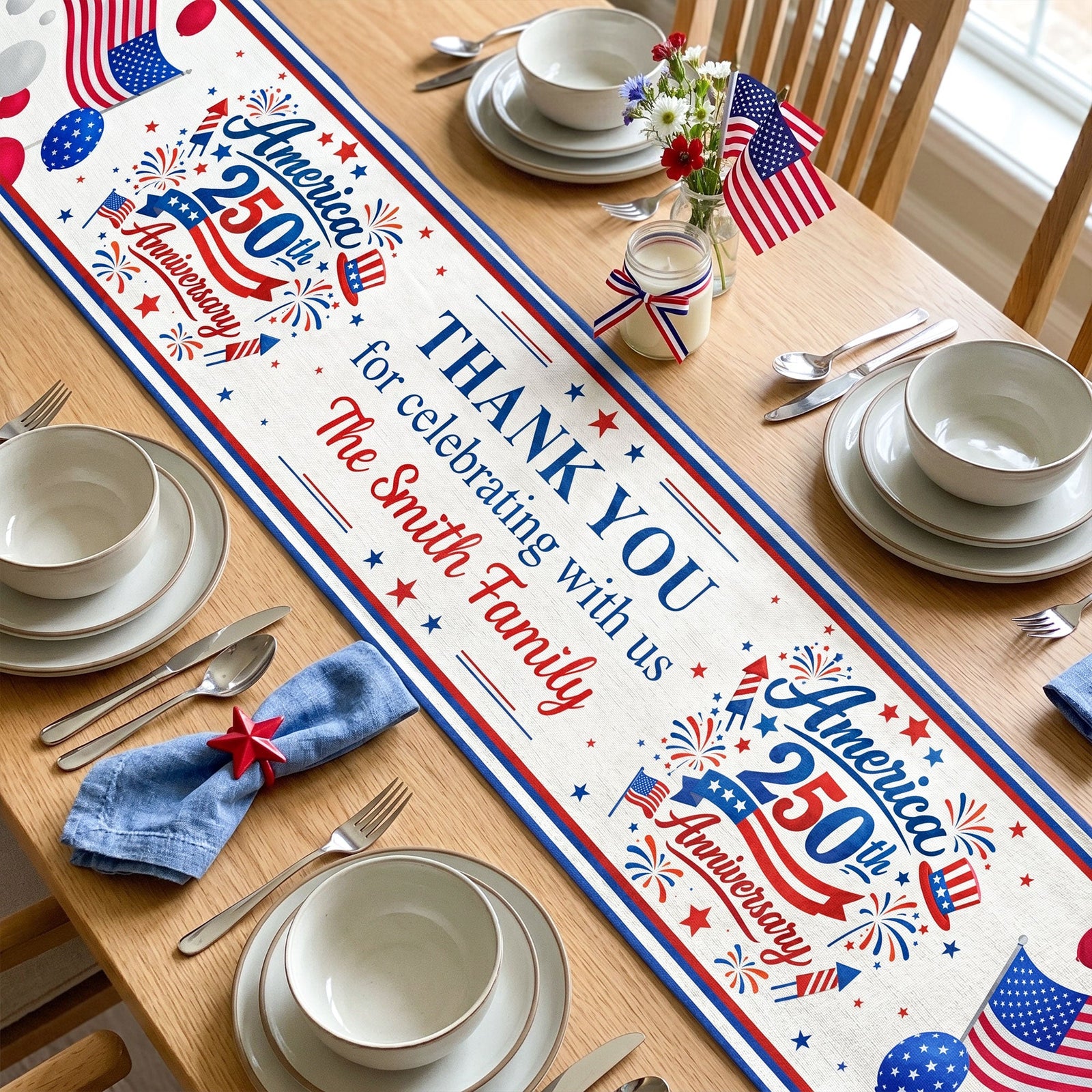America 250th Anniversary Thank You For Celebrating With Us - Personalized Table Runner - 4th Of July Gift For Family, 250th Home Decoration