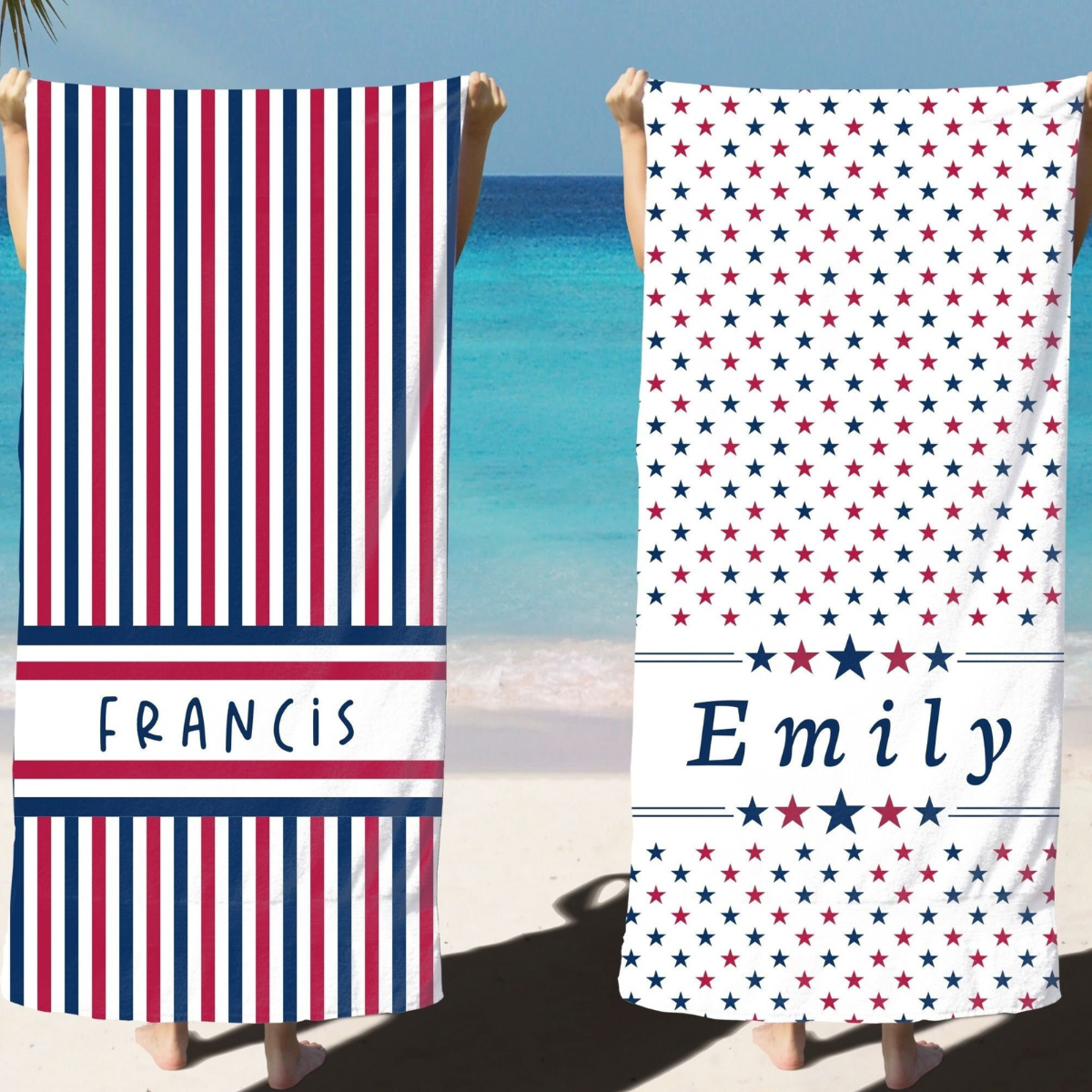 Custom Patriotic Beach Towel for Independence Day Celebration, Personalized 4th of July Beach Towel, Red White Blue Gift American Flag Towel