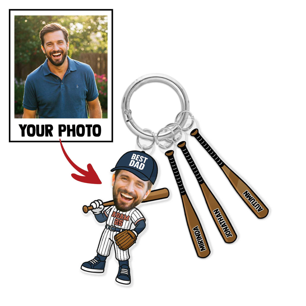 Custom Baseball Dad Photo Keychain, Personalized Photo Key Ring with Name Bats, Best Dad Gift from Kids, Father s Day Sports Gift