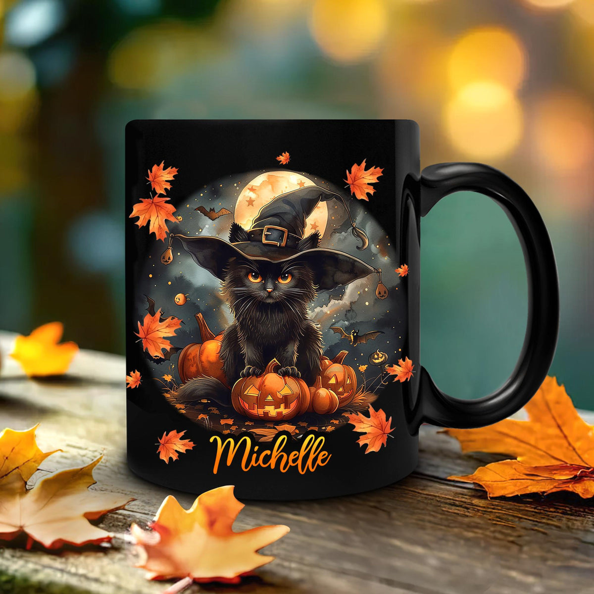 Personalized Black Cat Halloween Mug, Pumpkin Halloween Mug, Cute Spooky Halloween Mug, Black Cat Lover Gifts, Fall Mug, Autumn Cat Mug