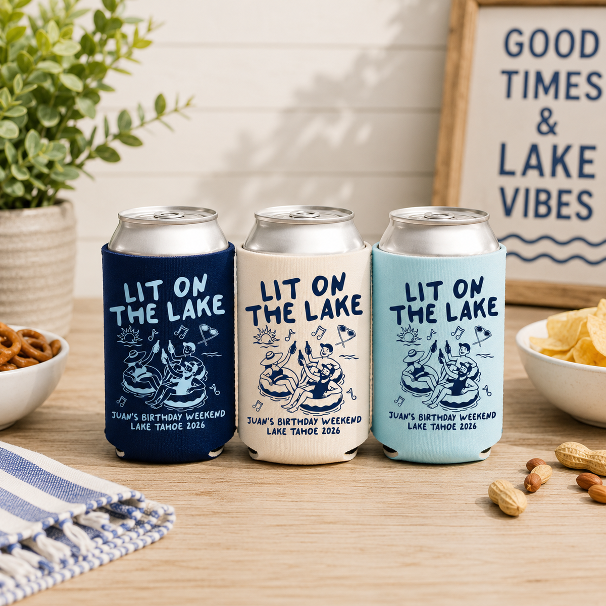 Lake Birthday Can Coolers, Personalized Lit On The Lake Drink Can Sleeves, Camping Birthday Party Favors, Outdoorsy Birthday