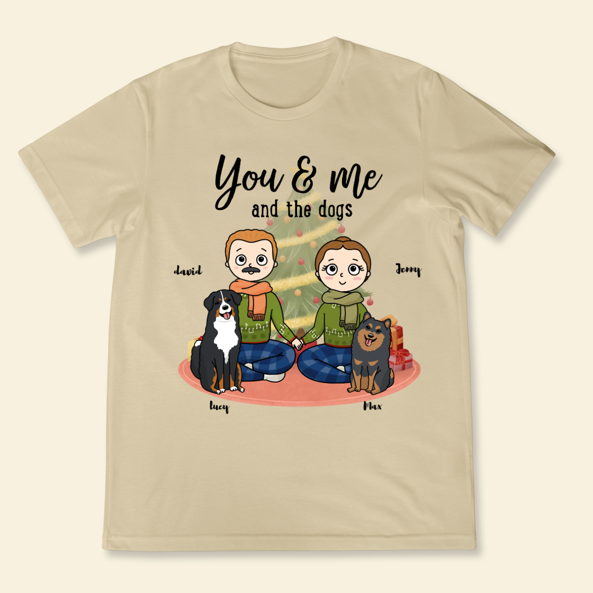 You, me & the dogs Christmas Tree Personalized T Shirt Christmas Gift For Dog Lovers Custom Dog Breed Dog Dad Dog Mom Winter Season Gift