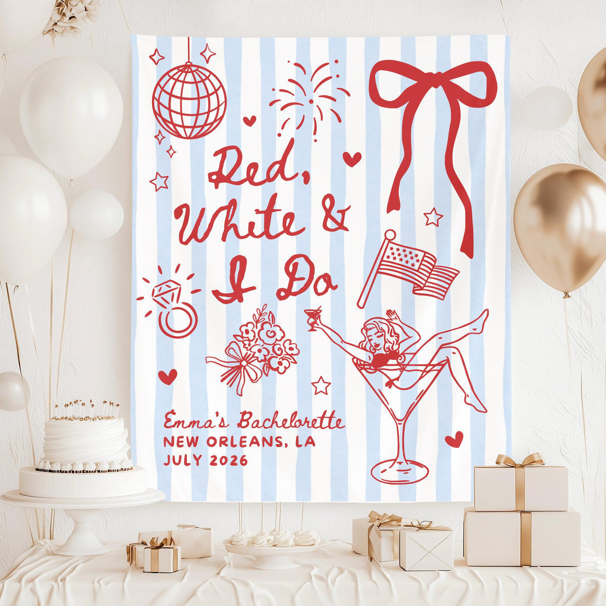 Red White and I Do Bachelorette Banner, 4th of July Cocktail Party Decor, BBQ Bachelorette Backdrop, Bach Photo Booth, Martini Bridal Shower