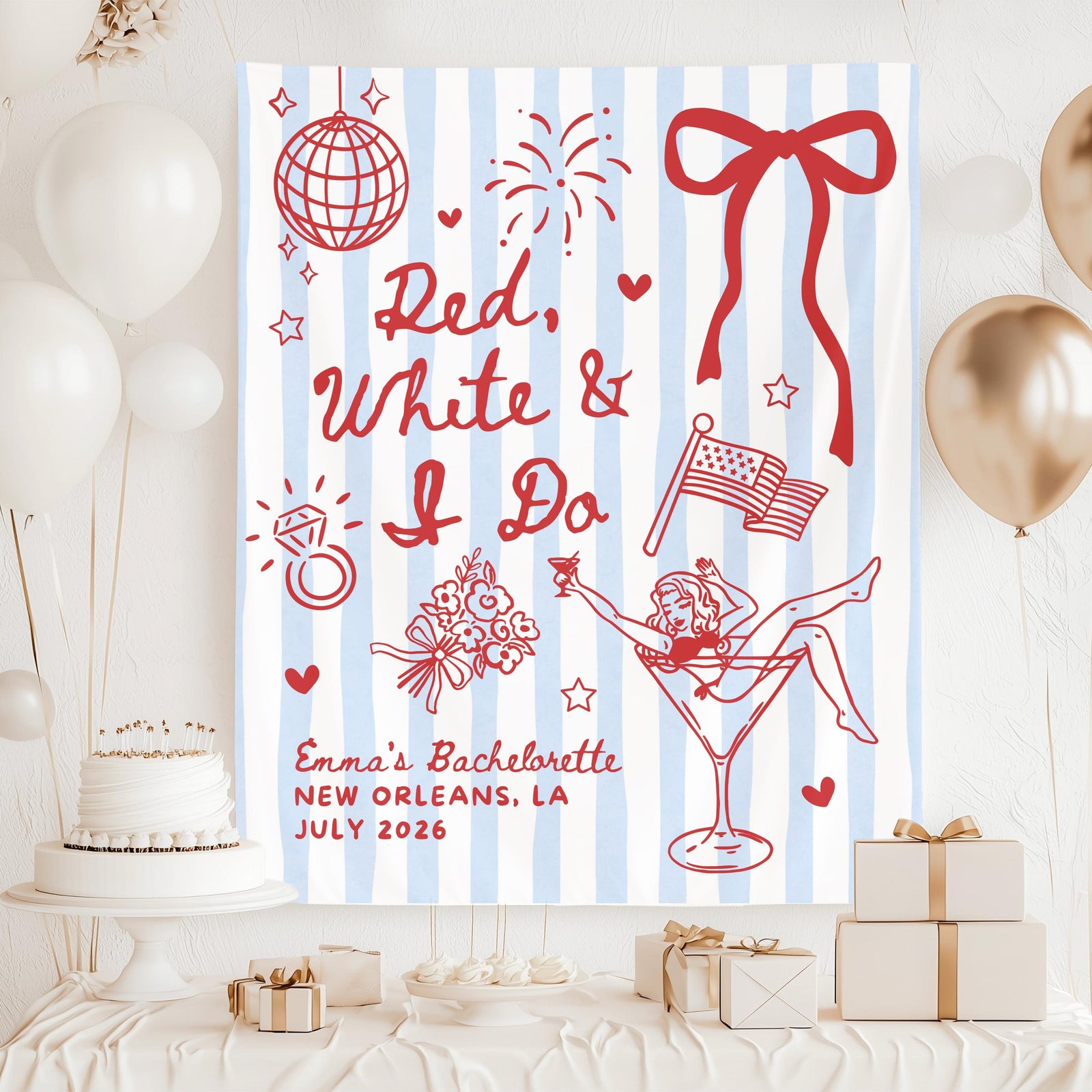 Red White and I Do Bachelorette Banner, 4th of July Cocktail Party Decor, BBQ Bachelorette Backdrop, Bach Photo Booth, Martini Bridal Shower