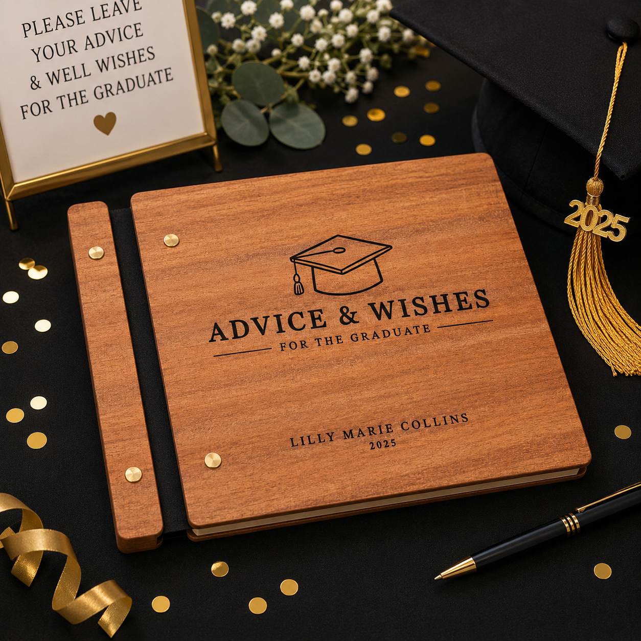 Advice & Wishes Graduation Guest Book - Class of 2026 - Personalized Engraved Wood Keepsake