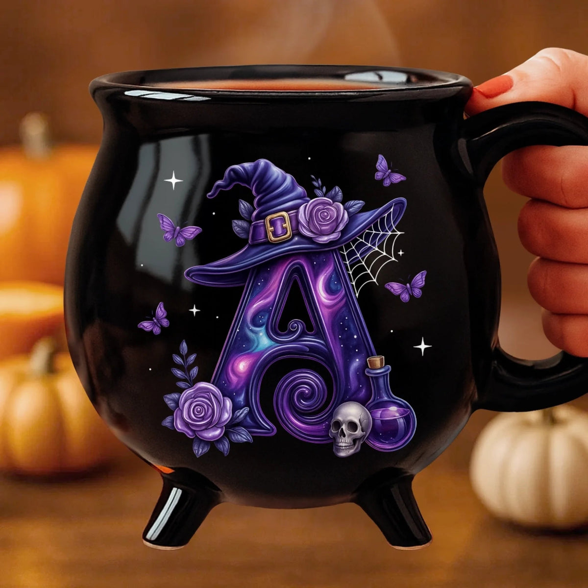 Alphabet Witchy Vibe - Personalized Halloween Black Ceramic Witch Mug - Halloween Gift For Family, Sisters, Friends, Siblings