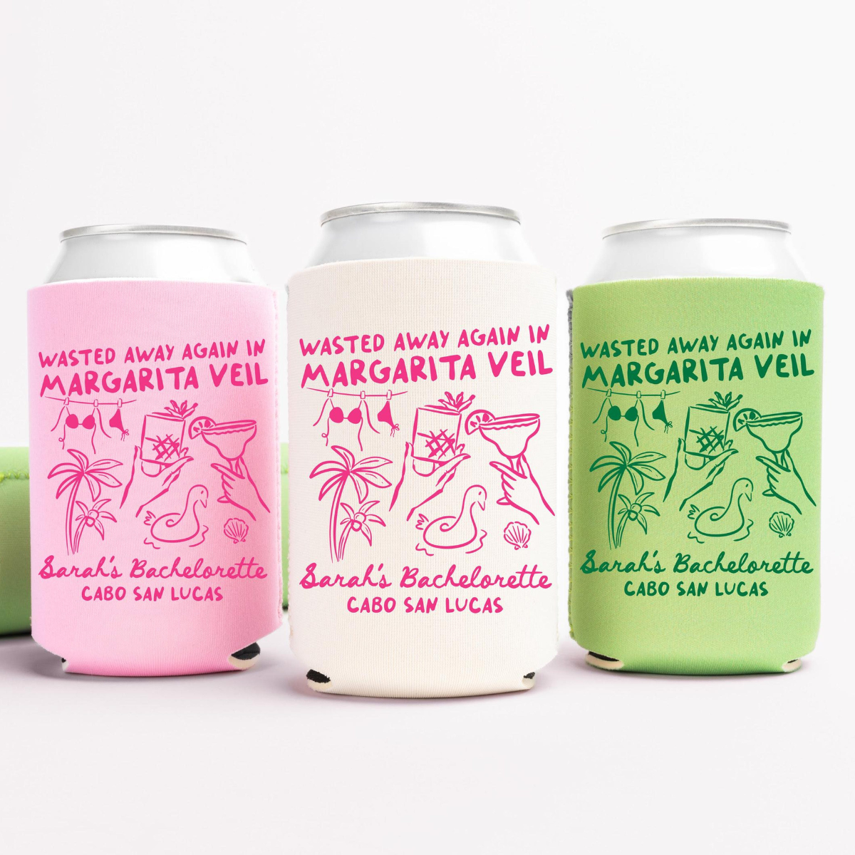 Margarita Veil Bachelorette Can Cooler - Custom Beach Bachelorette Party Favors - Personalized Cozies in Regular and Slim Size