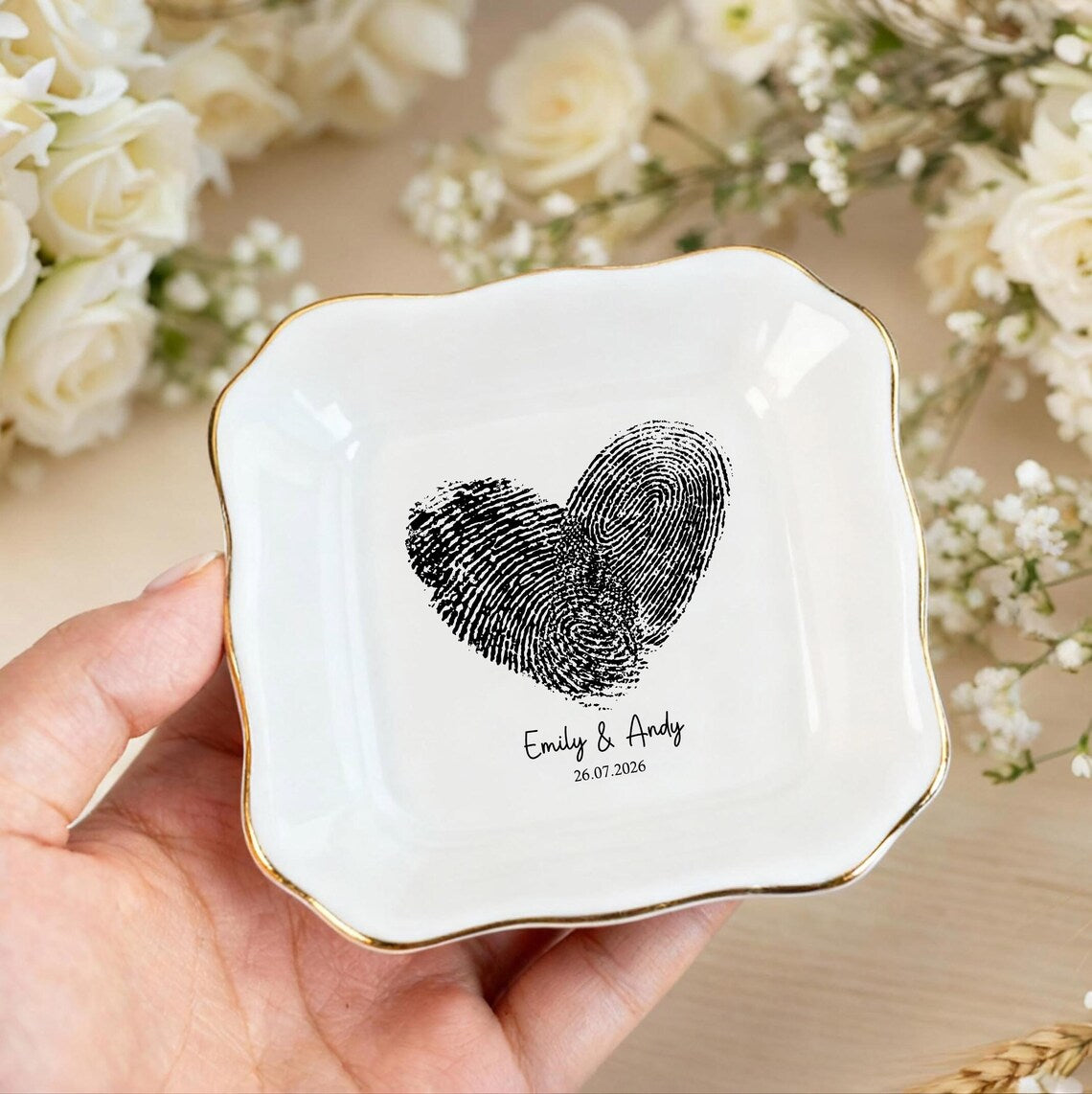 Personalized Fingerprint Jewelry Dish, Custom Fingerprint Ring Dish, Bridesmaid Gifts, Engraved Jewelry Dish, Birthday Gift for Her
