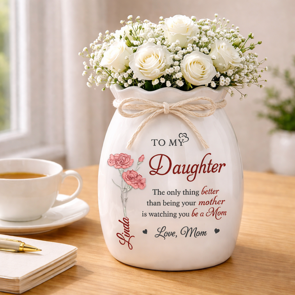 My Little Girl Now Being A Loving Mom - Personalized Flower Vase With Ribbon - Gift For New Mom, Gift For Daughter, Mother's Day Gift