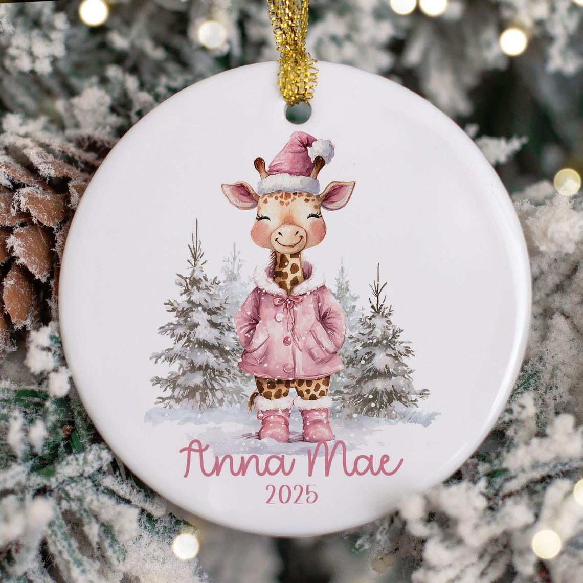 Personalized Cute Giraffe Ornament, Girls Pink Giraffe Christmas Ornaments, Children's Gift Ornament with Name, Kids Ornaments for Girls