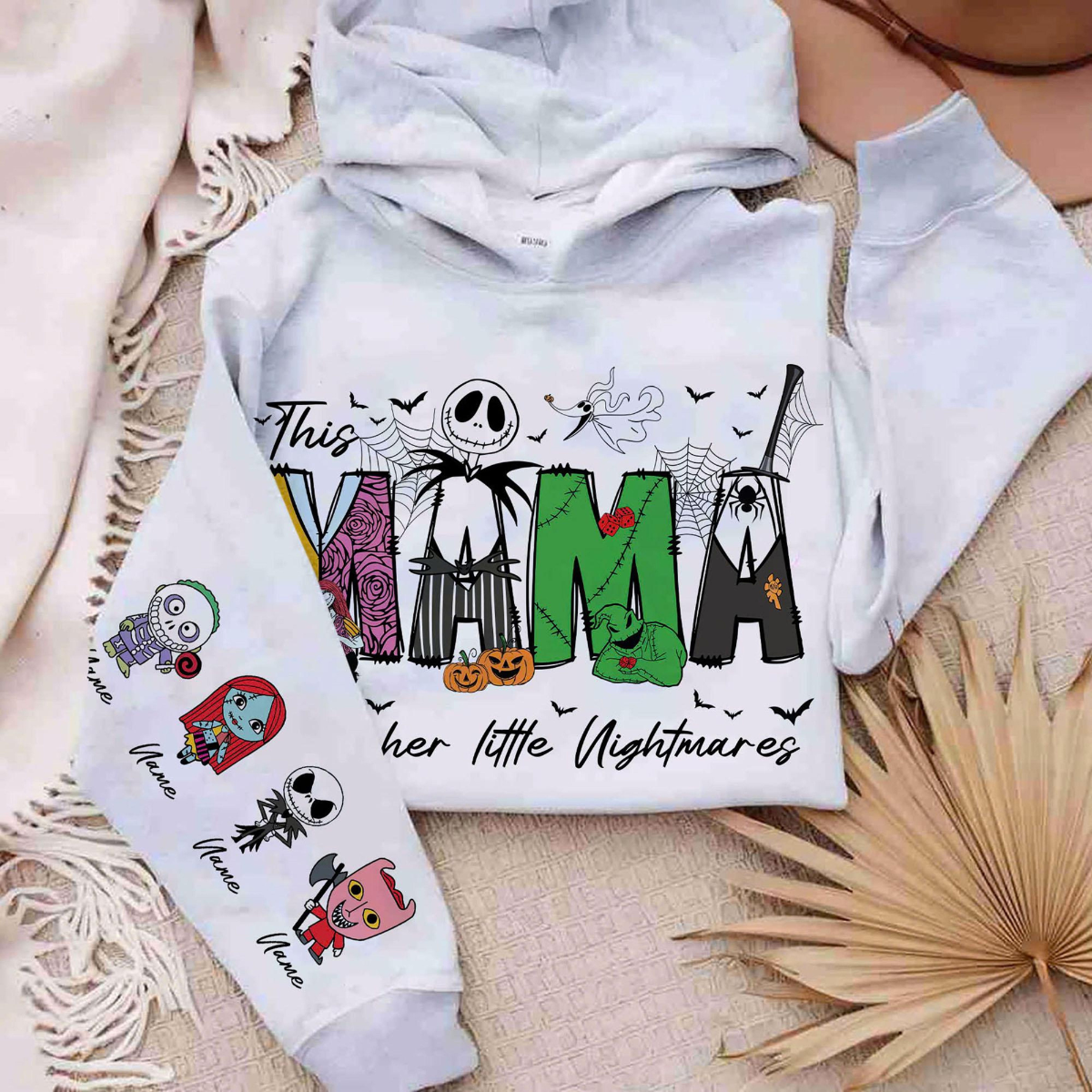 Custom This Mama Loves Her Nightmares Sweatshirts, Halloween Horror Mommy Sweater, Grandma Gift, Custom Halloween Kids Name