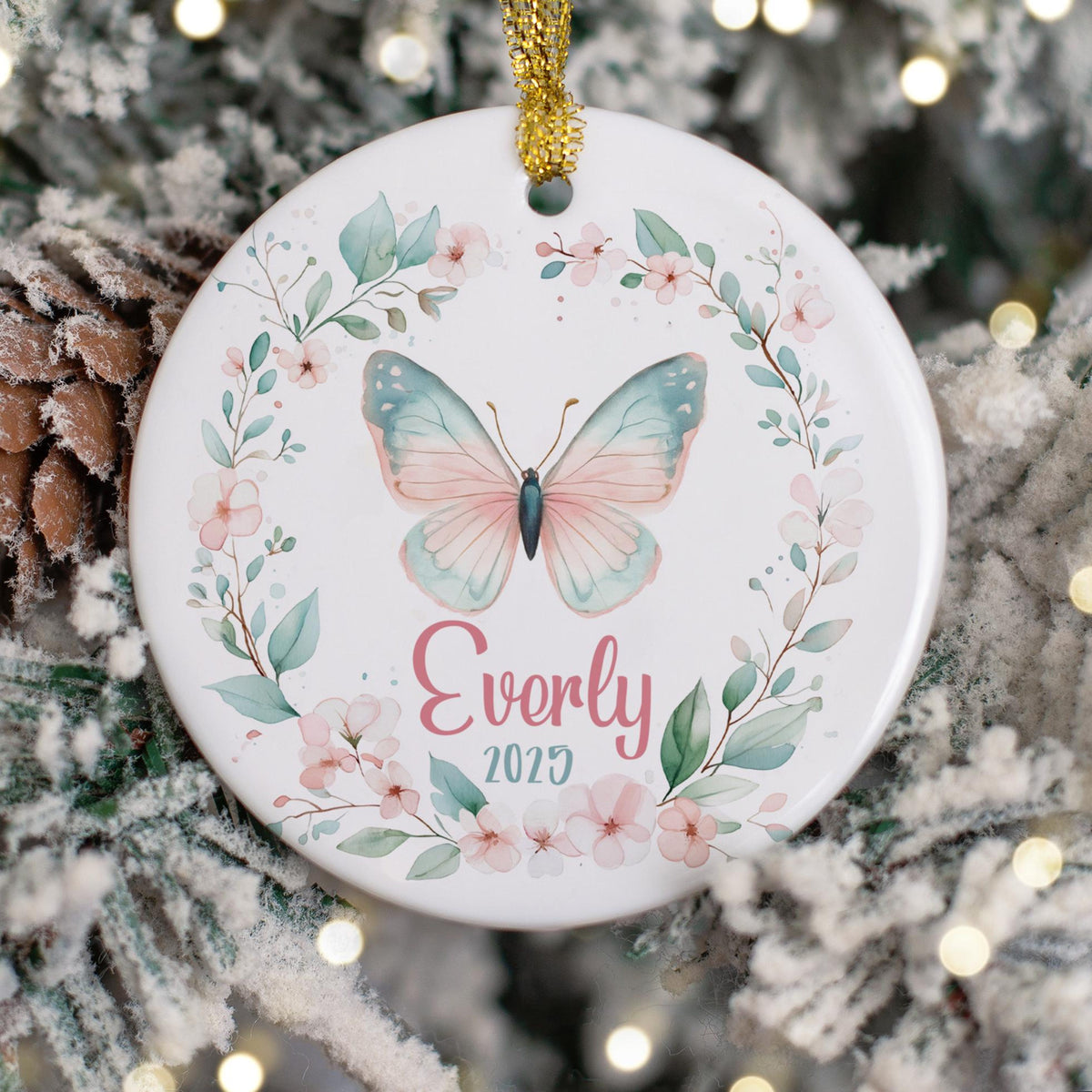 Custom Butterfly Ornament, Personalized Girls Christmas Pastel Pink Blue Ornaments, Gift Ornament with Any Name, Kids Christmas Ornament