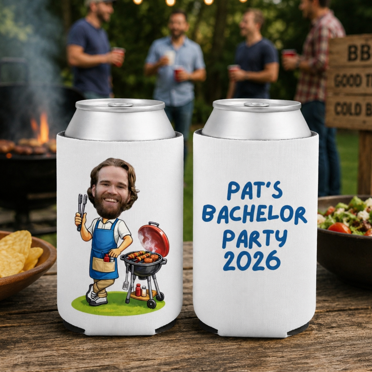 Personalized Face Grilling Bachelor or Birthday Party Can Cooler BBQ Cookout-I do BBQ, Barbe-TWO