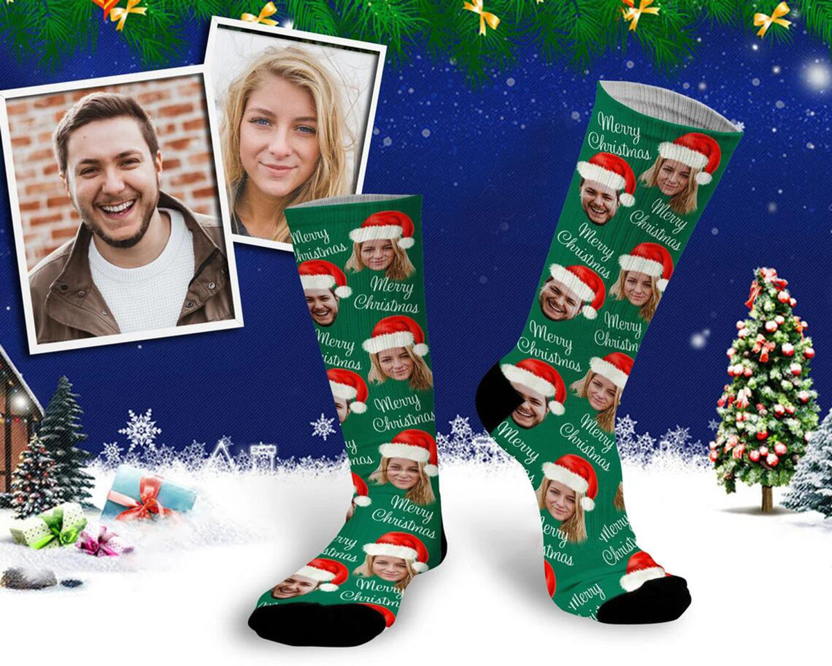 Merry Christmas Custom Face Santa Hat, Personalized Holiday Face Socks, Face On Socks, Socks for men women, Christmas Gift