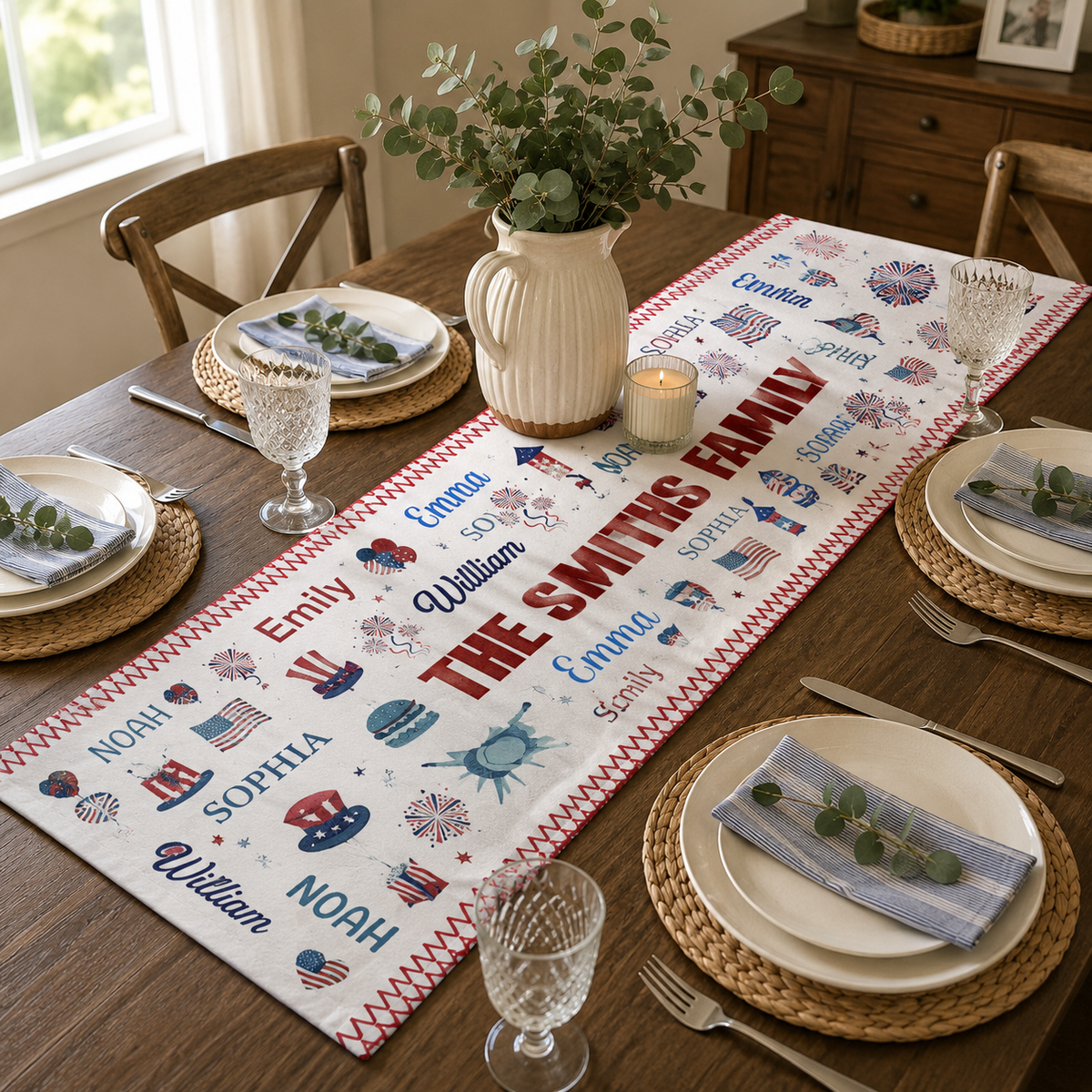 Independence Day Custom Family Name - Personalized Table Runner - 4th Of July Gift For Family, 250th Home Decoration
