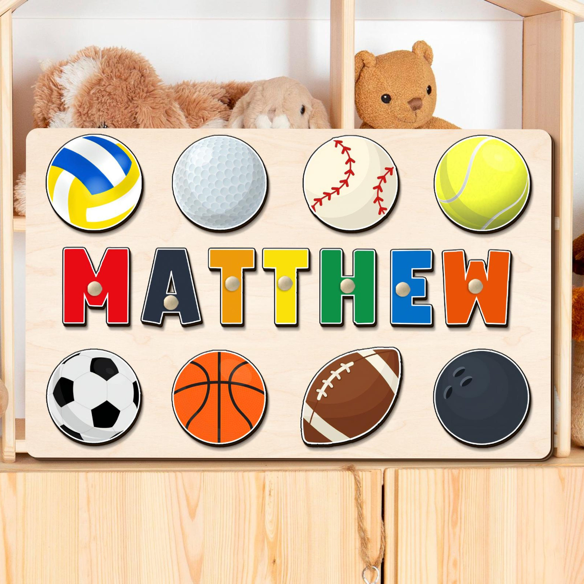 Birthday Gift for Boys, Custom Wooden Name Puzzle, Baby Shower Gift, Personalized Name Puzzle with Balls, Ball Game Sports Theme Name Puzzle