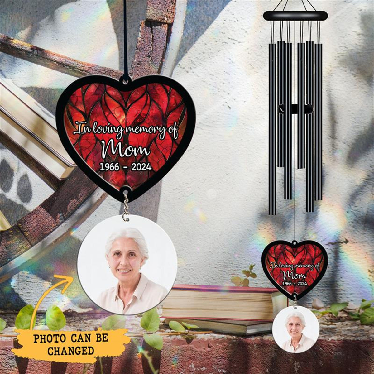 Personalized Memorial Wind Chime, Black Wind Chime, Heart Suncatcher Wind Chime, In Loving Memory, Custom Family Photo, Christmas Gift