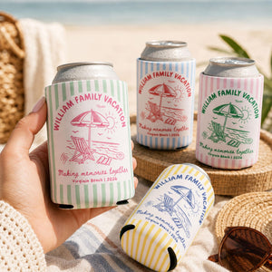 Custom Beach Family Vacation Can Coolers, Personalized Family Reunion Beer Huggers, Matching Coastal Vacation Gift, Family Summer Vacation
