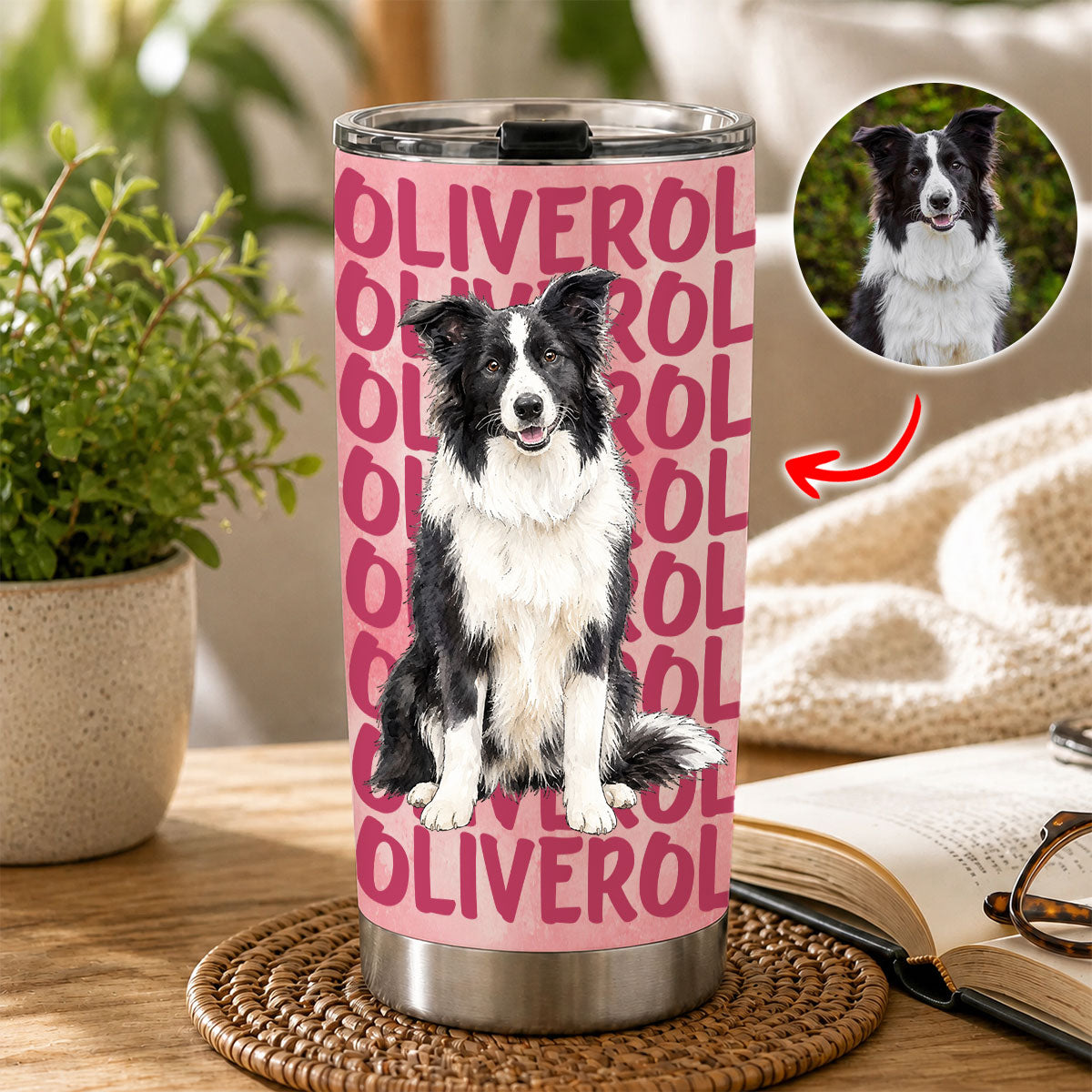 Custom Pet Portrait & Name Watercolor Style - Personalized Tumbler Cup