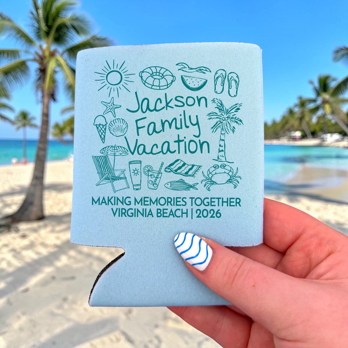 Beach Family Vacation Can Coolers - Coastal Family Reunion Can Sleeve - Beach Party Decor - Custom Gift for Family Trip