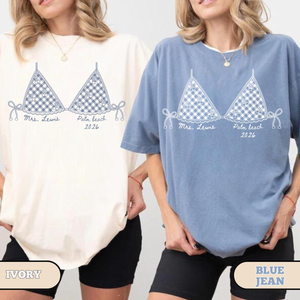 Personalized Bikini Graphic Bachelorette Shirt, Summer Top Coverup, Coastal Bachelorette Shirt, Custom Mrs Shirt, Beach Bach Party Tee