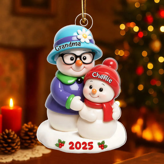 Snowman Grandma Hugging Grandkids 3D Effect - Personalized Acrylic Ornament - Christmas Gift For Grandma