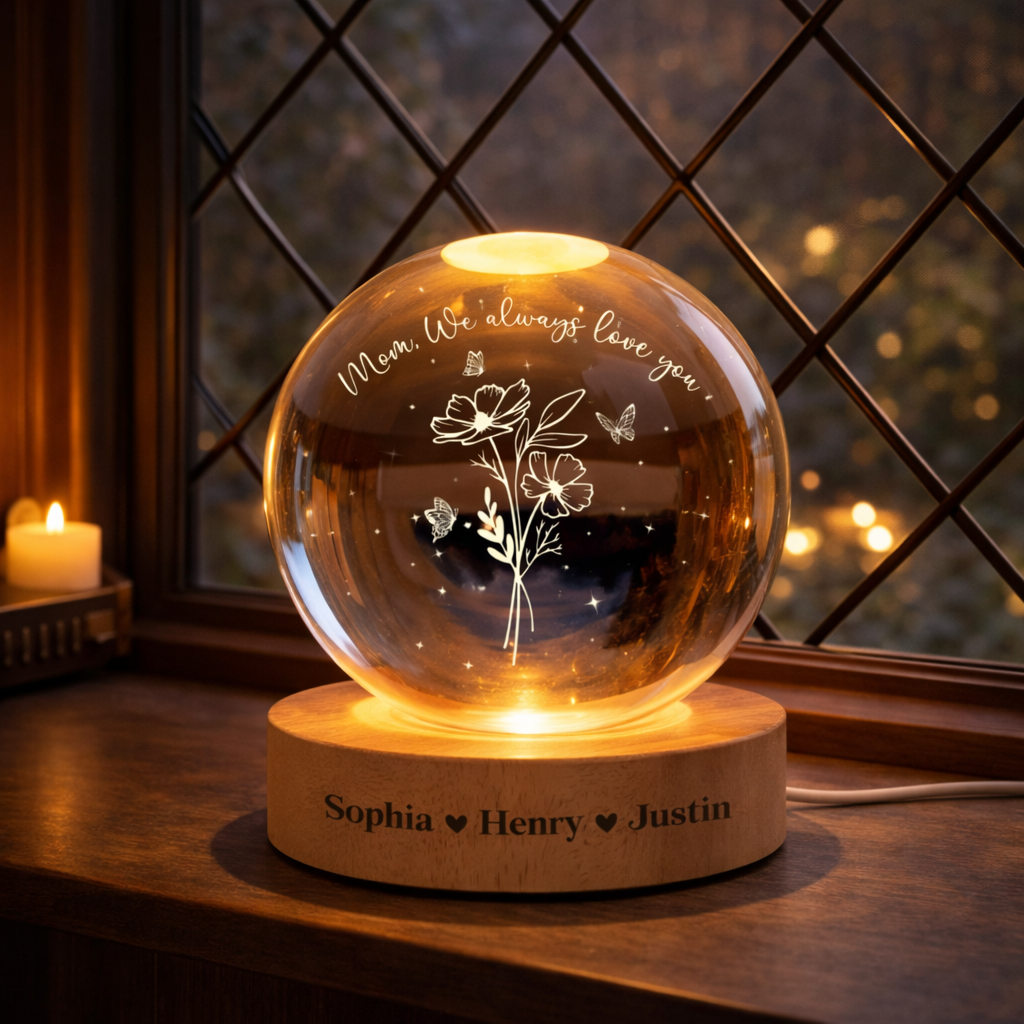 Personalized Birth Month Flower Gifts for Mom, Custom Crystal Ball Night Light, Mom Birthday Gift, Grandma Gift from Kids, Birth Flower Gift