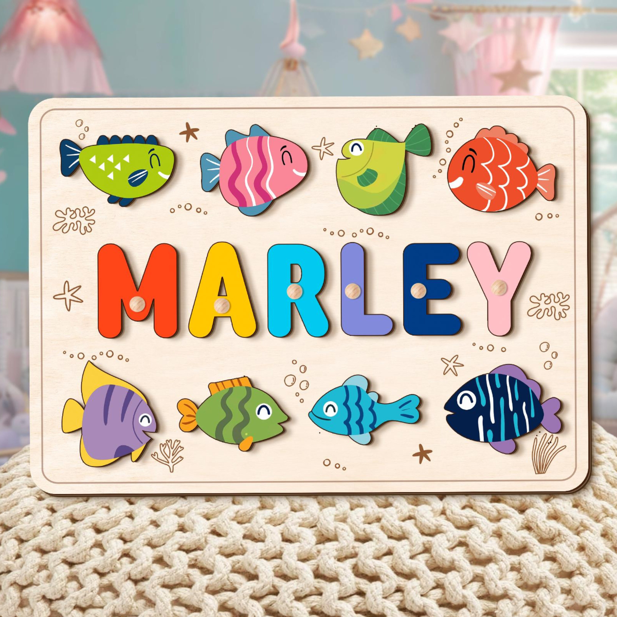 Ocean Life Name Puzzle with Fish, Wood Name Puzzle, Custom Handmade Name Puzzle, Birthday Gifts for Toddler, Montessori Board, Nursery Decor