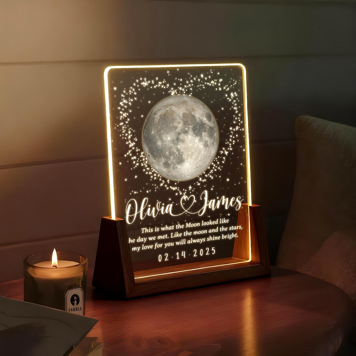 The Moon the Day We Met, Custom Valentine's Gift for Couples, Romantic Anniversary Night Light, Desk Night Light Wooden Base