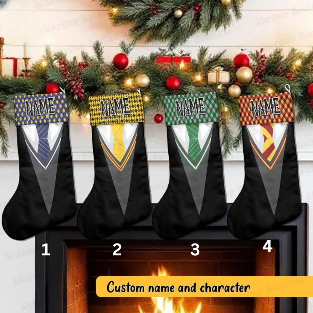 Personalized 4 Magic Houses Xmas Stocking, Custom Name Wizard Shirt School Christmas Stockings, Custom Name Family Decor Gifts 2025