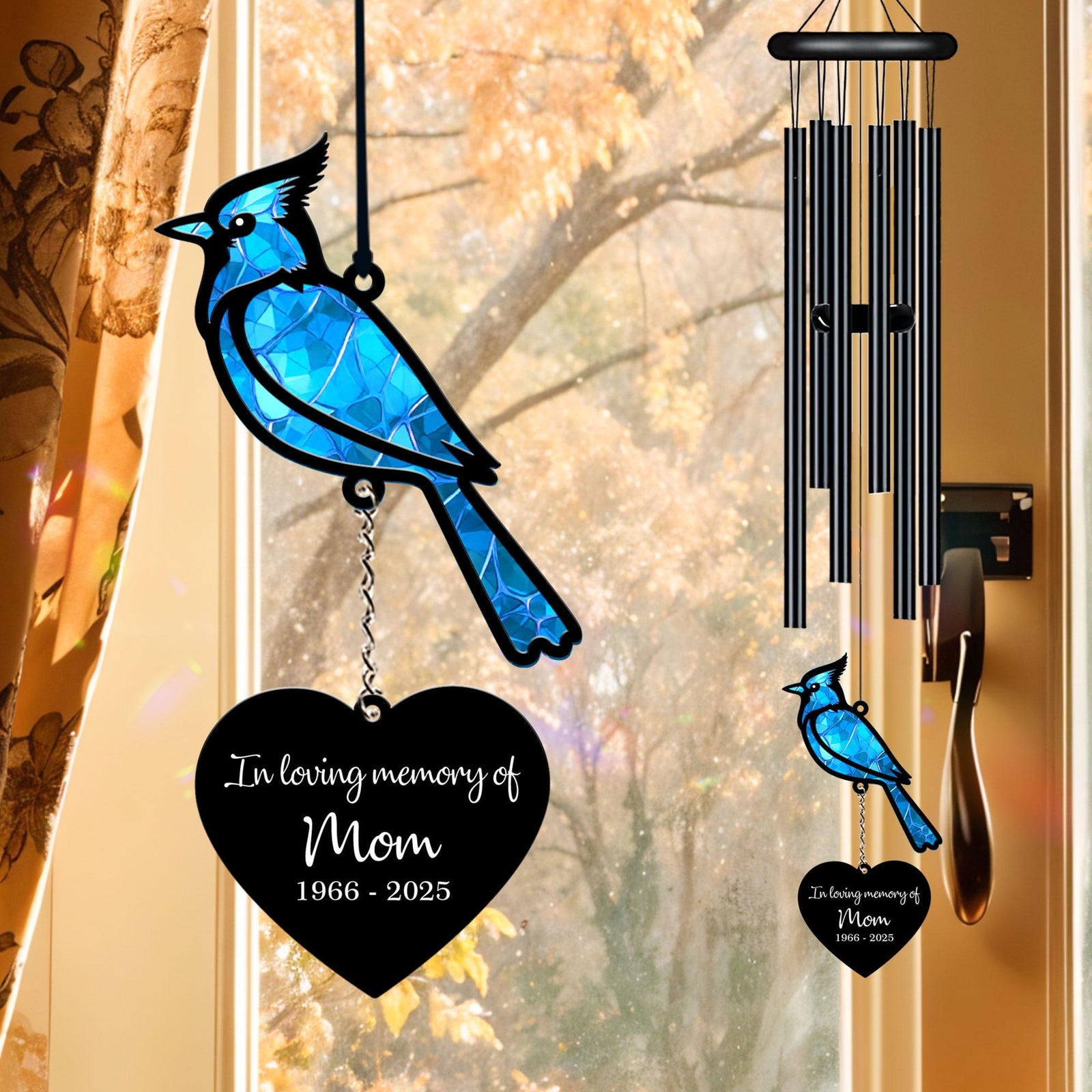 Personalized Memorial Wind Chime, Blue Jay Bird Wind Chime, Blue Bird Suncatcher Wind Chime, In Loving Memory, Sympathy Gift, Funeral Gift
