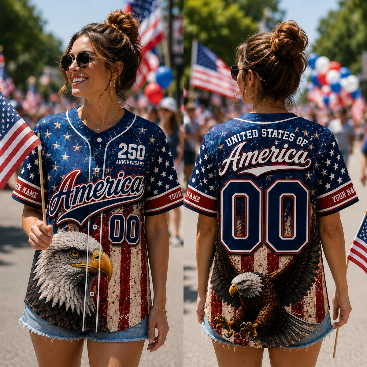 Personalized America Baseball Jersey, USA 250th Anniversary Jersey, Custom Name Number Patriotic Eagle Shirt, 1776 2026 4th of July Gift