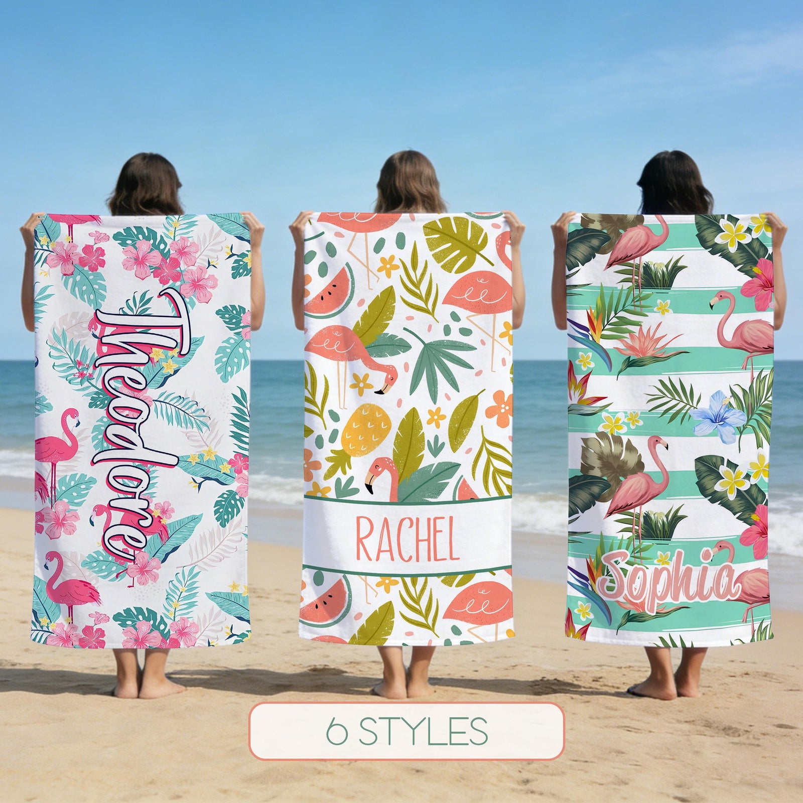 Custom Flamingo Tropic Summer Beach Towel, Flamingo Jungle Theme Gift, Custom Name Holiday Travel Bath Towel, Beach Lover's Gift, Gift for Girls
