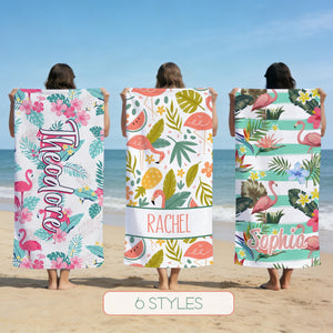 Custom Flamingo Tropic Summer Beach Towel, Flamingo Jungle Theme Gift, Custom Name Holiday Travel Bath Towel, Beach Lover's Gift, Gift for Girls