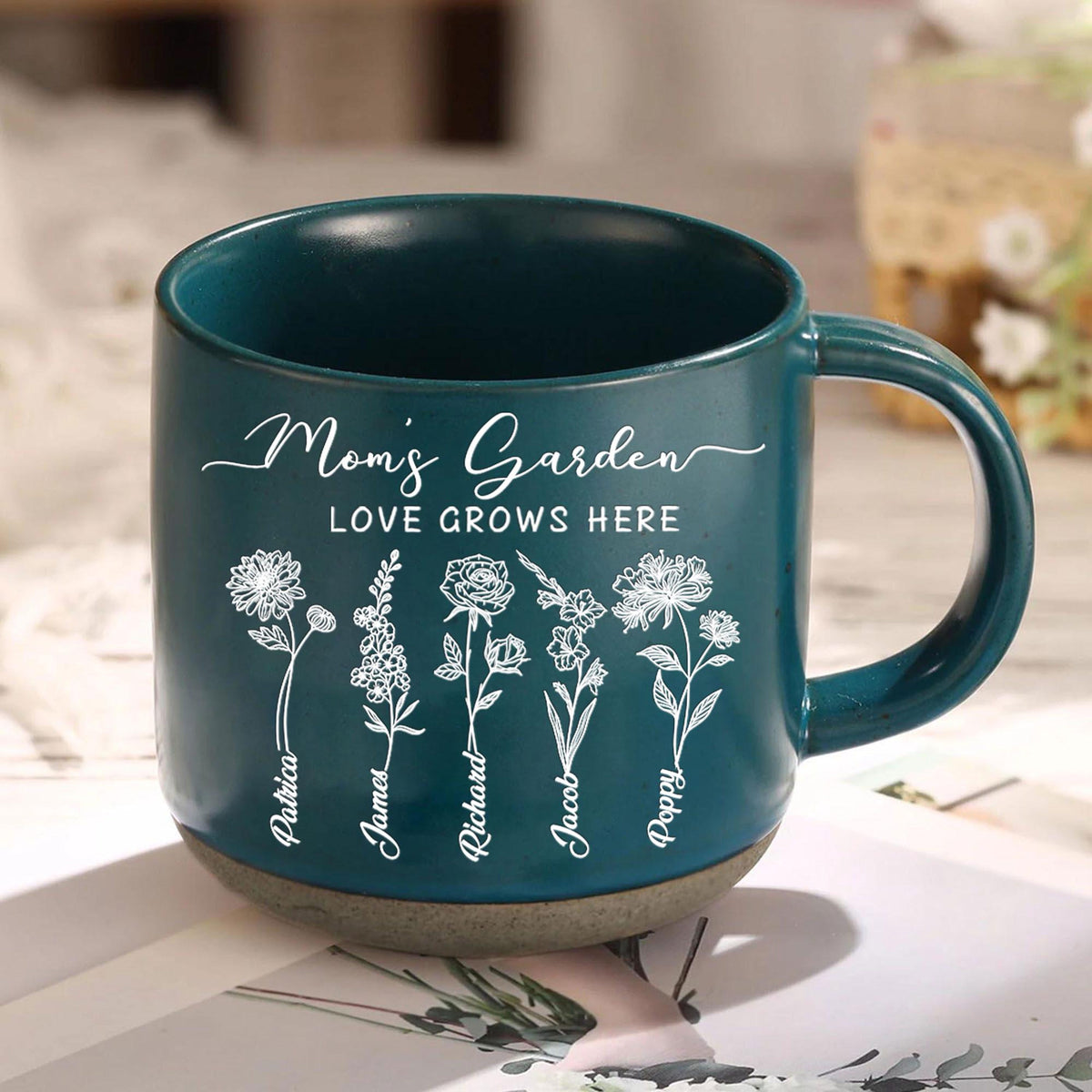 Personalized Mom's Garden Birth Month Flowers Pottery Mug With Kid's Names, Mom's Garden Coffee Mug, Mother's Day Gift