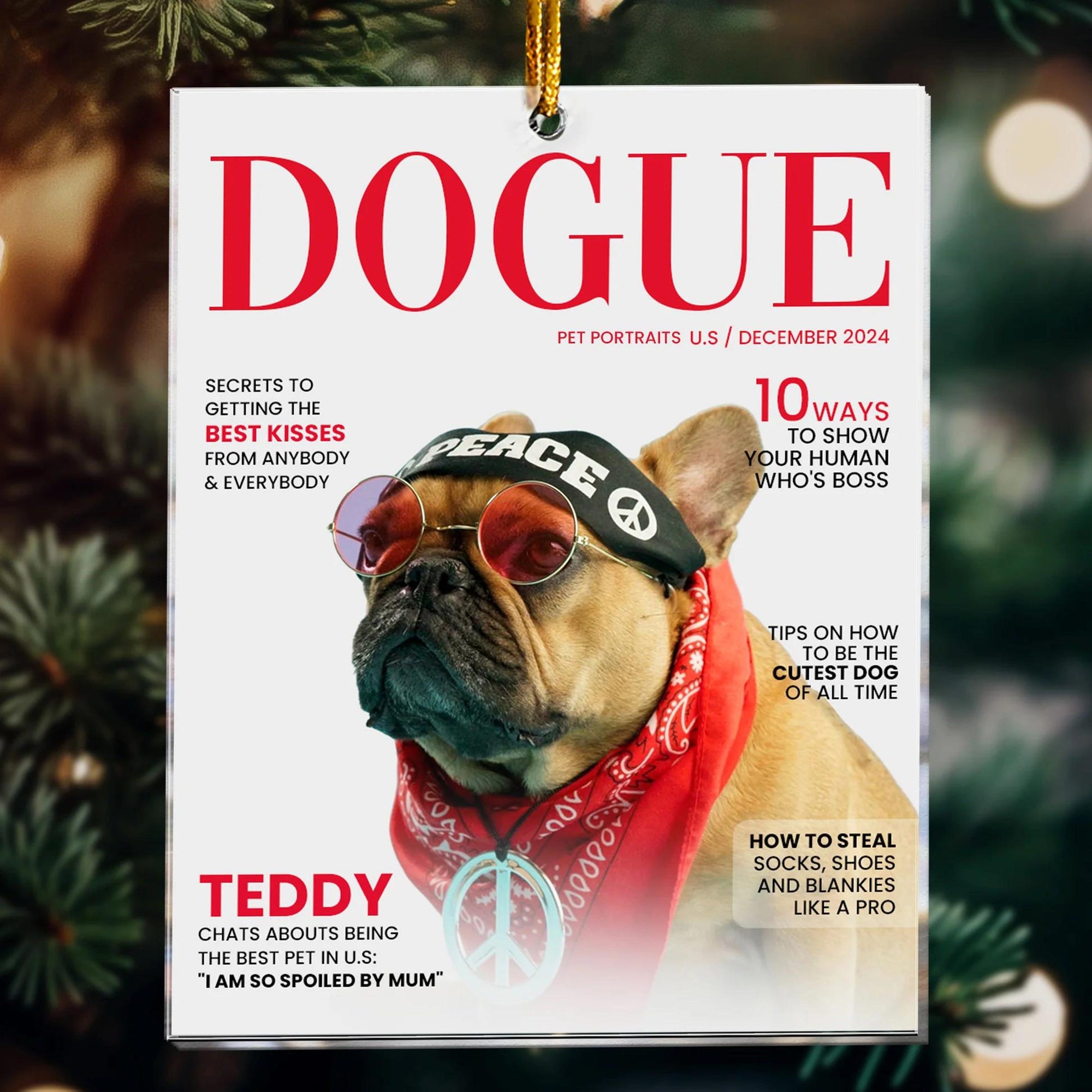 Personalized Pet Christmas Ornament, Custom Dogue Magazine Ornament, Personalized Dog Acrylic Photo Ornament, Pet Lovers, Christmas Gifts