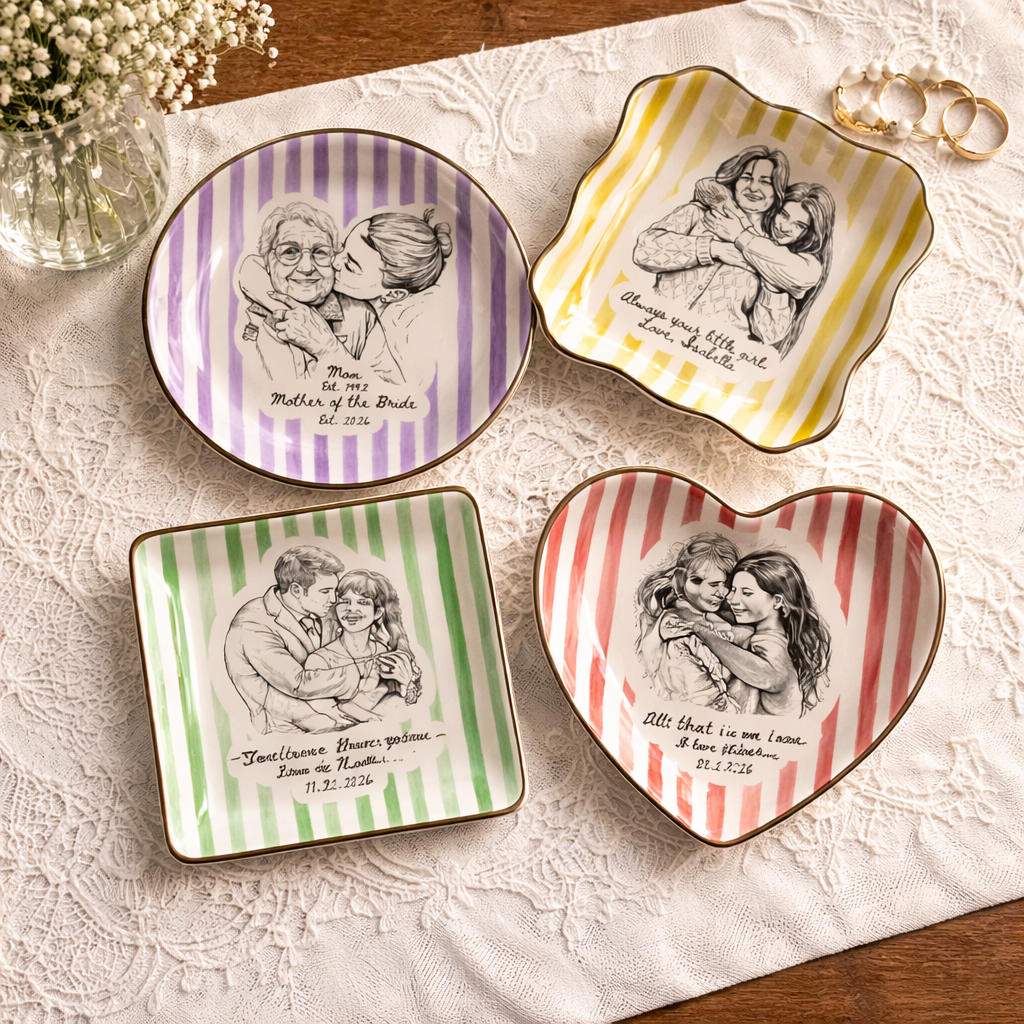 Personalized Mother of the Bride Photo Jewelry Dish, Custom Mom Striped Ring Dish from Photo, MOB MOG Wedding Gift from Daughter Son