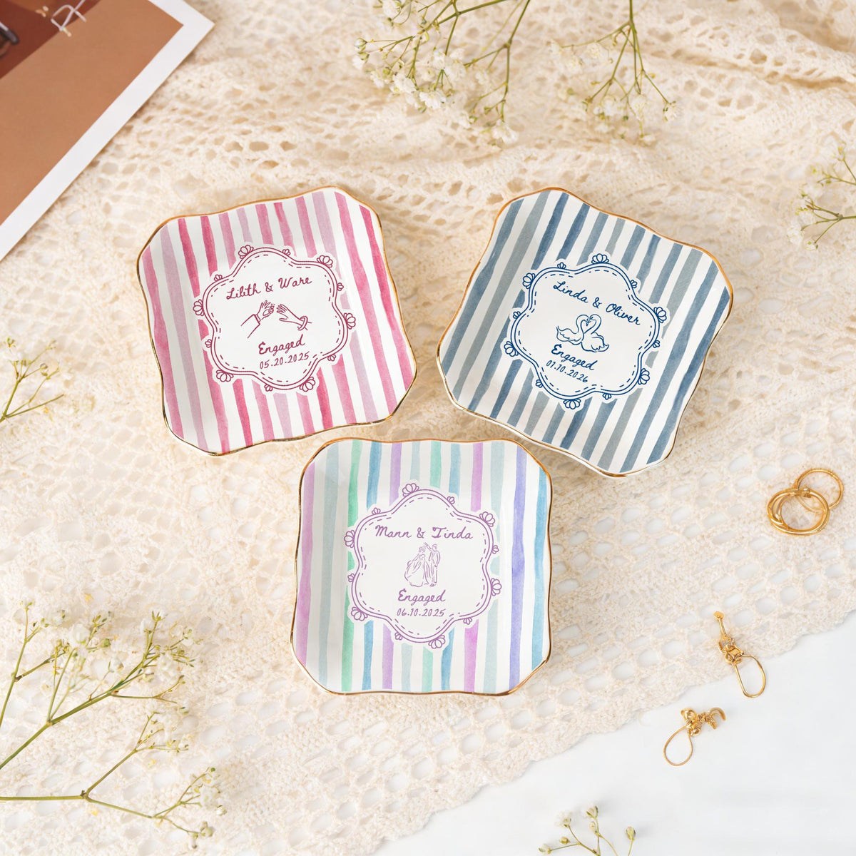 Personalized Wedding Ring Dish, Colorful Stripe Jewelry Dish for Couple, Sentimental Gift for Bride, Engagement Gift, Anniversary