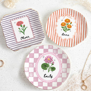 Personalized Birth Flower Custom Name Ring Dish, Stripe Vintage Style Jewelry Dish for Her Daughter Friends, Bridesmaid Proposal Gift