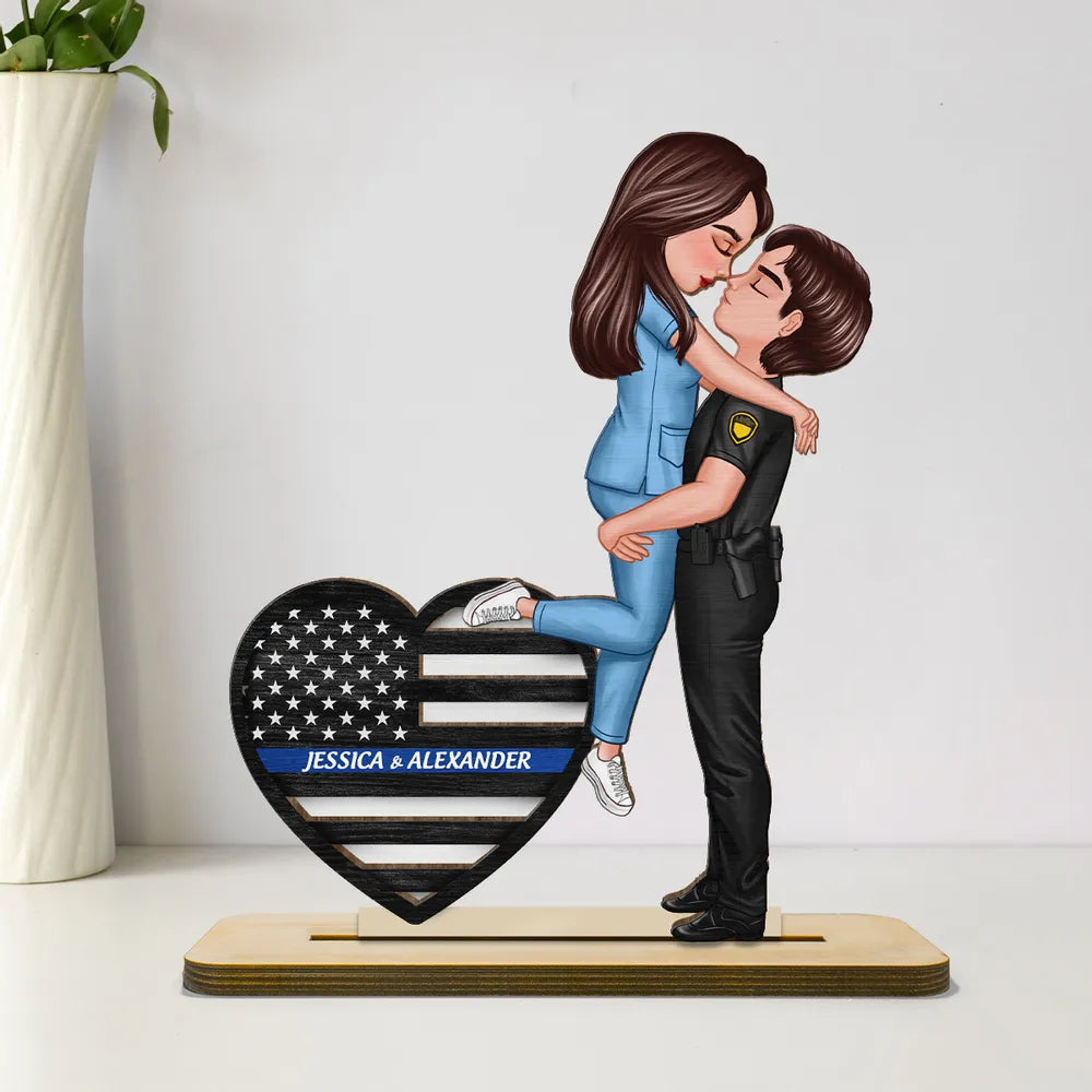 Hero Couple Hugging Kissing Keepsake Gift by Occupation Personalized Wooden Plaque, Valentine's Day Gift For Couple