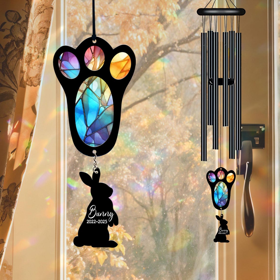 Personalized Pet Memorial Wind Chime, Remembrance Wind Chime, Pet Suncatcher Wind Chime, Bunny Paw, Bunny Loss, Bunny Memorial