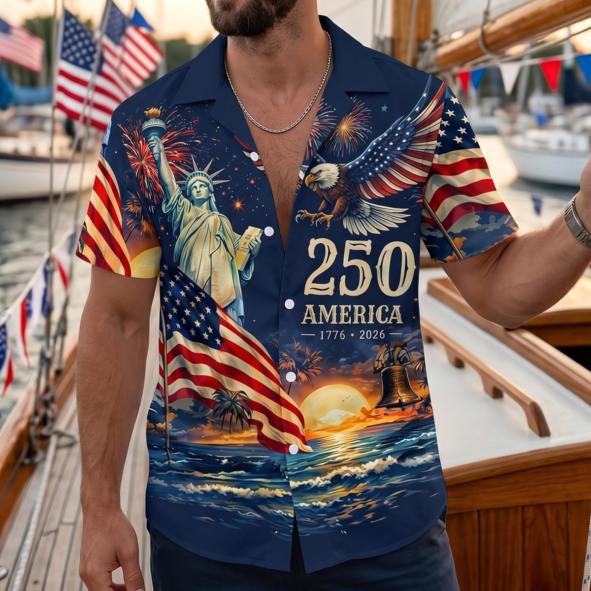 Men's Hawaiian Shirt America's Freedom 250th Anniversary,1776-2026 Patriotic Short Sleeve Button Down Vintage Shirt,United States 250 Years
