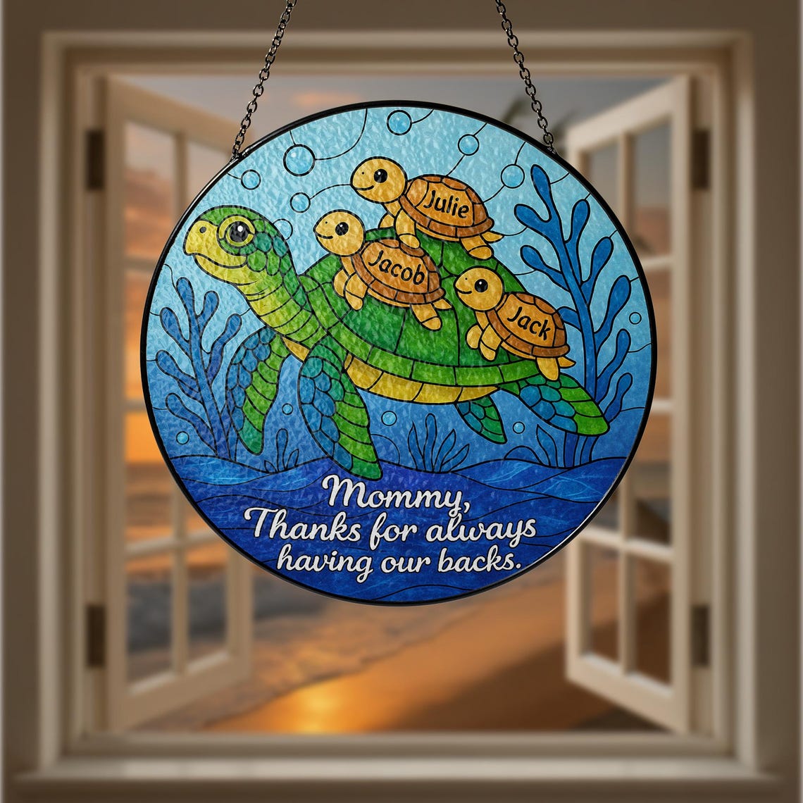Custom Turtle Family Glass Suncatcher Gift for Mom on Mother s Day, Personalized Sea Turtle Window Decor with Kids Names