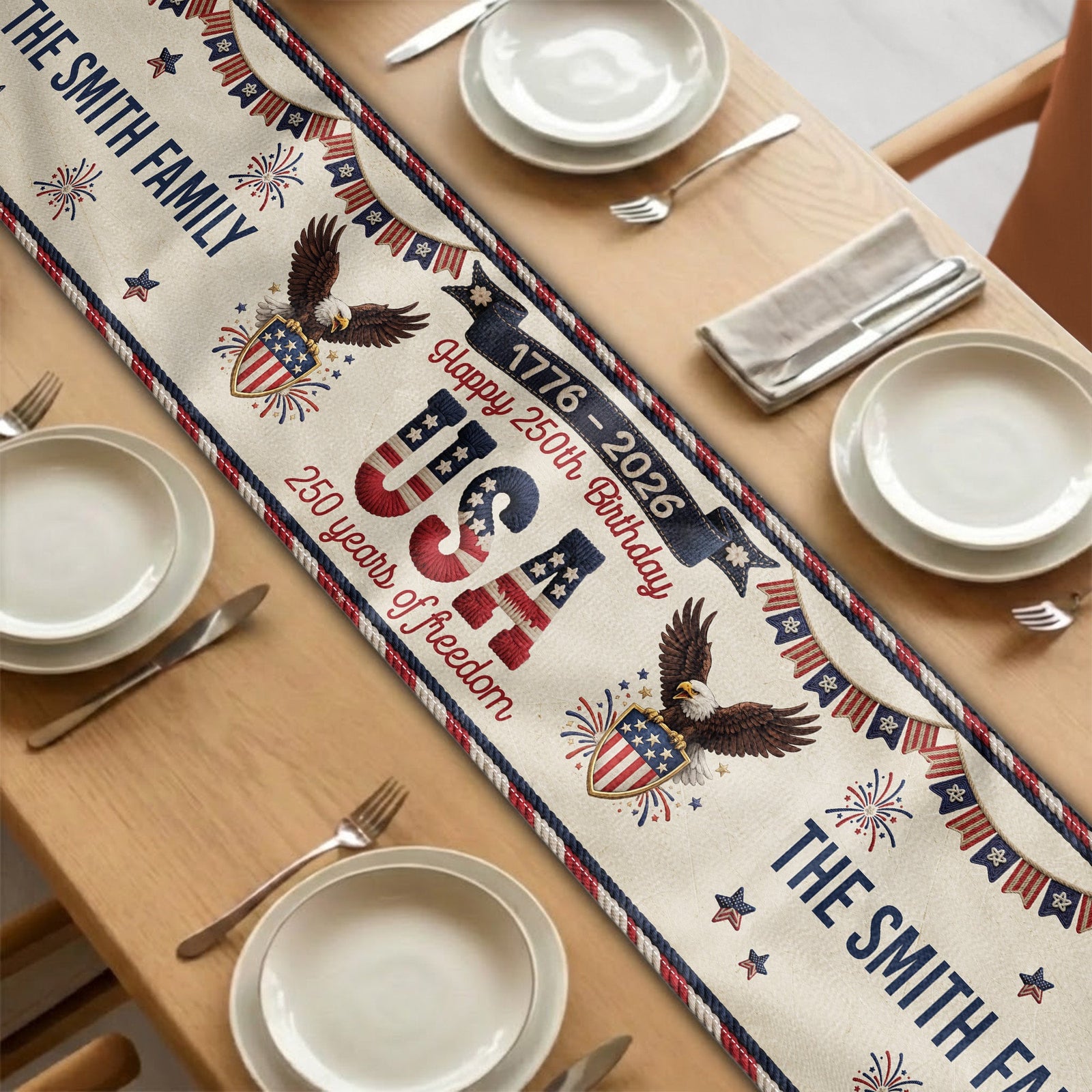 America 250th Anniversary Faux Pattern - Personalized Table Runner - 4th Of July Gift For Family, 250th Home Decoration